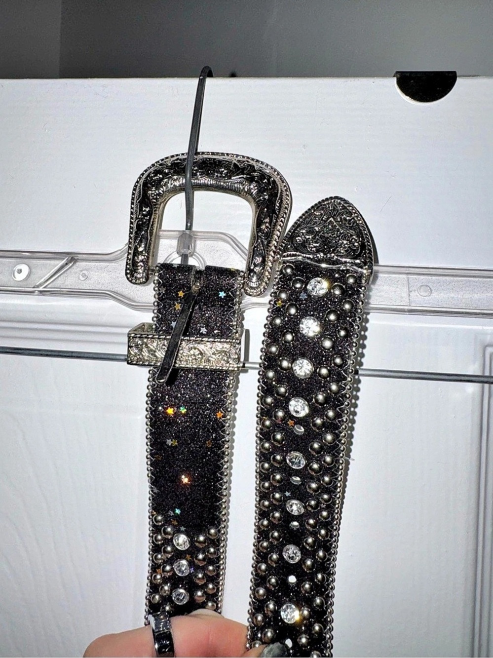 GUESS Y2K Sparkly Studded Rhinestone Belt in Black & Silver XL NWT - Picture 2 of 6
